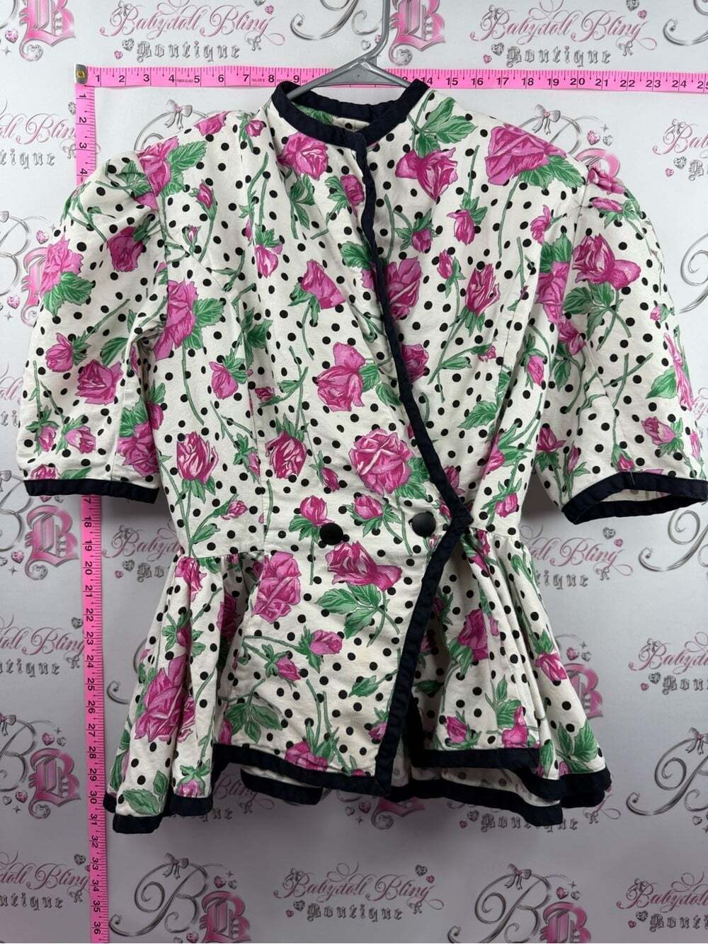 JACKIE BERNARD blouse Cream Peplum vintage Pink Floral Print Black Trim pin up